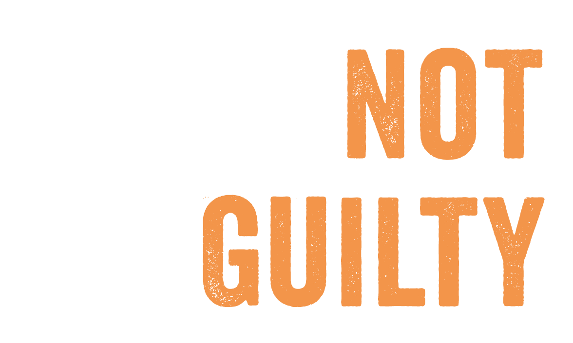 Poor Not Guilty logo which emphasizes the word POOR in large capital letters and then the words 'NOT GUILTY' displayed across 2 lines and all within a left top bracket and a bottom right bracket with a distressed cardboard effect