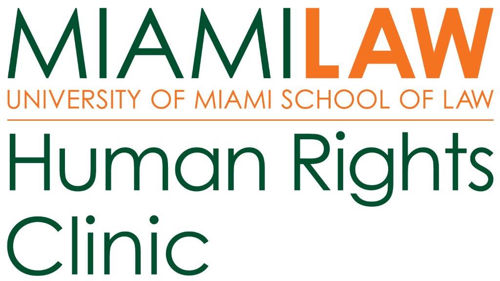 Miami Law text above University of Miami School of Law, then a horizontal line above text Human Rights Clinic logo